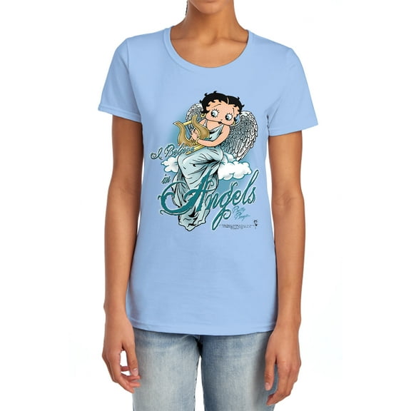 Betty Boop I Believe in Angels Women's T Shirt (X-Large) Light Blue