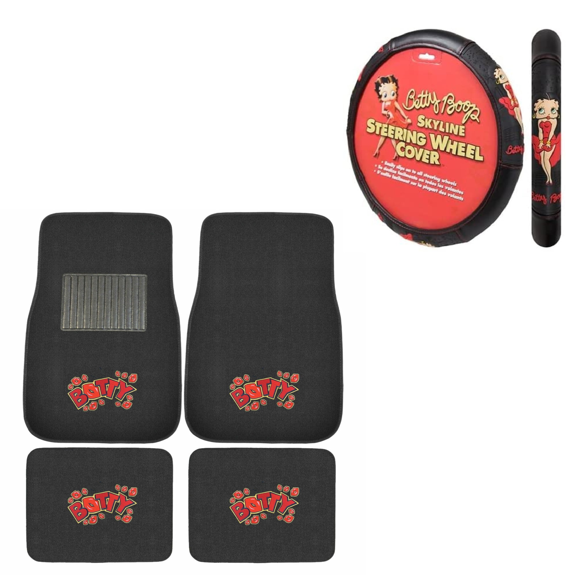 Betty Boop Kisses 4 Piece Carpet Floor Mats and Steering Wheel Cover for Car Truck Van SUV