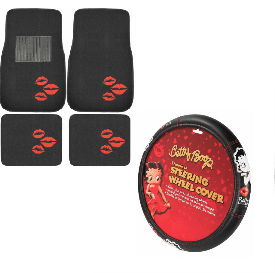 Betty Boop Kisses Classic, Fadeless Plush Carpet, Front Floor Mats, 17.5 in x 26 in, Red 4 Piece