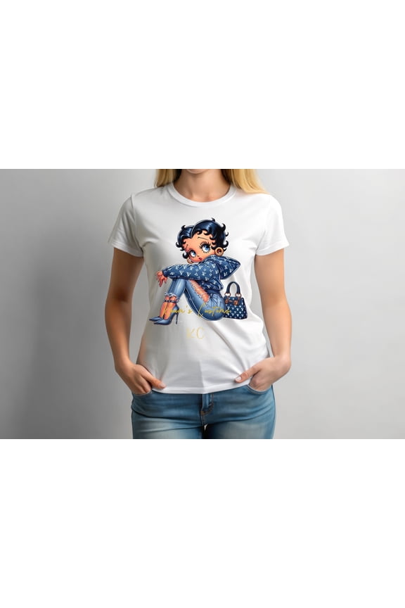 Betty Boop LV- Blue White;X-Large Crewneck T-Shirt