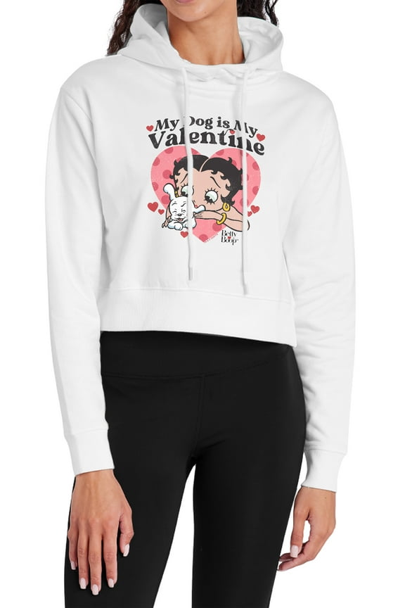 My Dog is My Valentine Women's Cropped Hoodie Pullover Sweatshirt, White, Medium