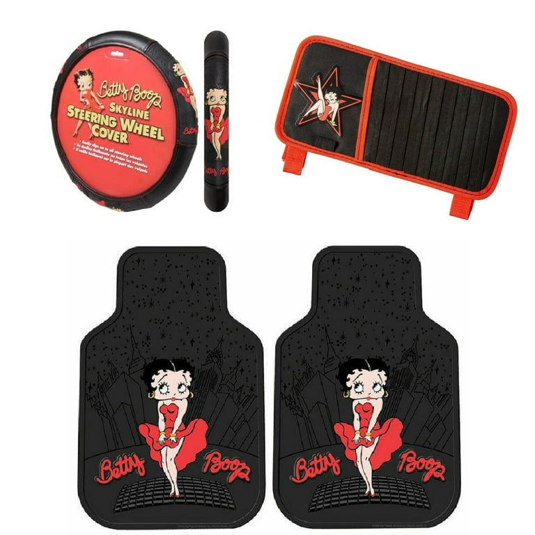 Betty Boop Skyline 2 Piece All Weather Utility Car Front Floor Mats with CD Visor Organizer and Steering Wheel Cover