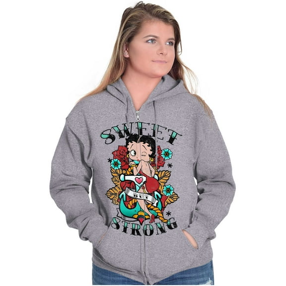 Betty Boop Sweet Strong Anchor Tattoo Zip Hoodie Sweatshirt Women Brisco Brands X