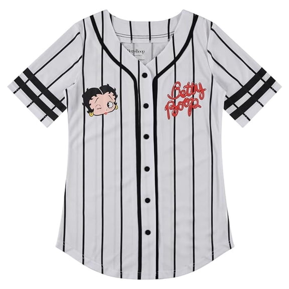 Betty Boop Women's Baseball Jersey, Classic Striped Baseball Shirt White Black - S