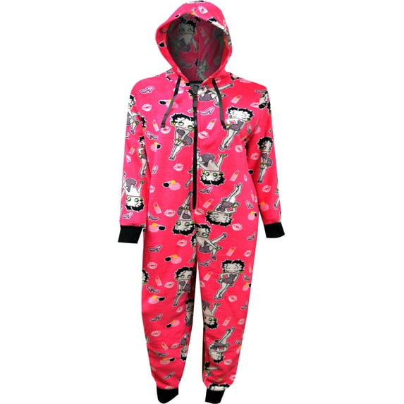 Betty Boop Womens Betty Boop Fuchsia Plus Size Plush Onesie Hoodie Pajama (1X/2X)