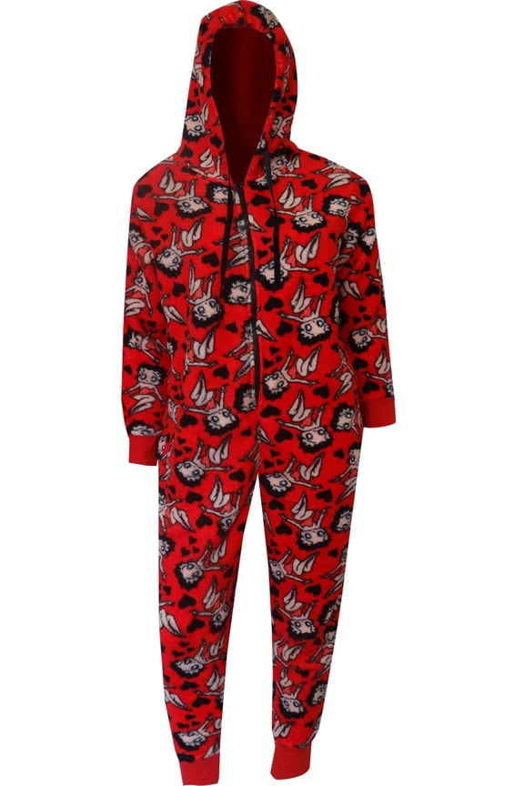 Womens Betty Boop Red Plush Onesie Hoodie Pajama (Large)