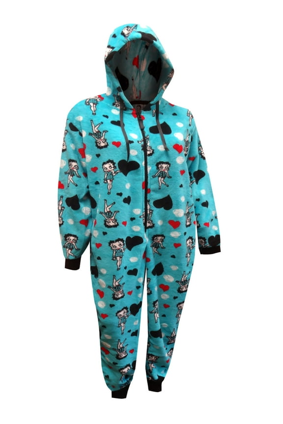 Womens Betty Boop Turquoise Plus Size Plush Onesie Hoodie Pajama (1X/2X)