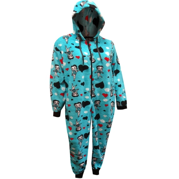Betty Boop Womens Betty Boop Turquoise Plus Size Plush Onesie Hoodie Pajama (2XL/3XL)