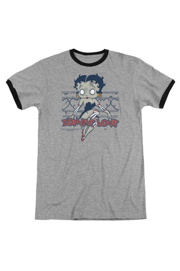 Betty Boop Zombie Pinup Adult Ringer Heather Black
