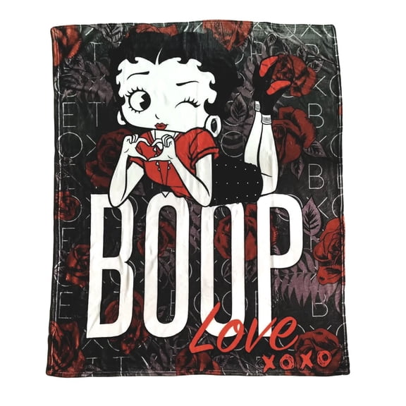 Betty Boop soft throw blanket 50 x 60 plush black white red roses love