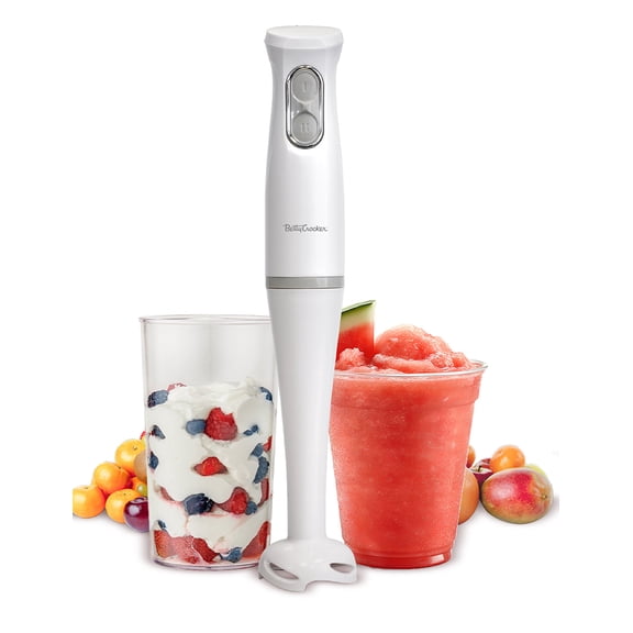 Betty Crocker 2-Speed Hand Blender with 20-Ounce Mixing Beaker, Immersion Blender, 300W Motor 450W Peak Power, Soft-Touch Pulse Control, Stainless Steel Blade, BPA Free, BC-4307W, White