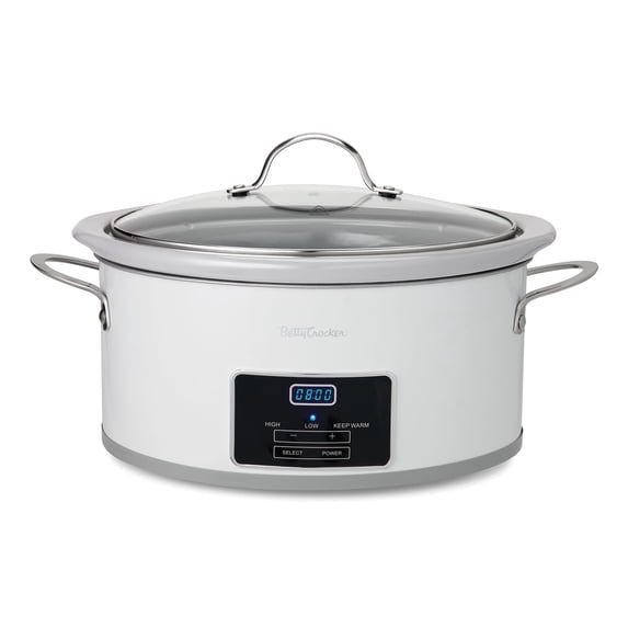 Betty Crocker 6-Quart Oval Digital Slow Cooker, Programmable Crock Pot Up to 20 Hours, Electric Cooking Pot with LCD Digital Display, Removable Stoneware Crock Liner, Betty Crocker Cookbook,White