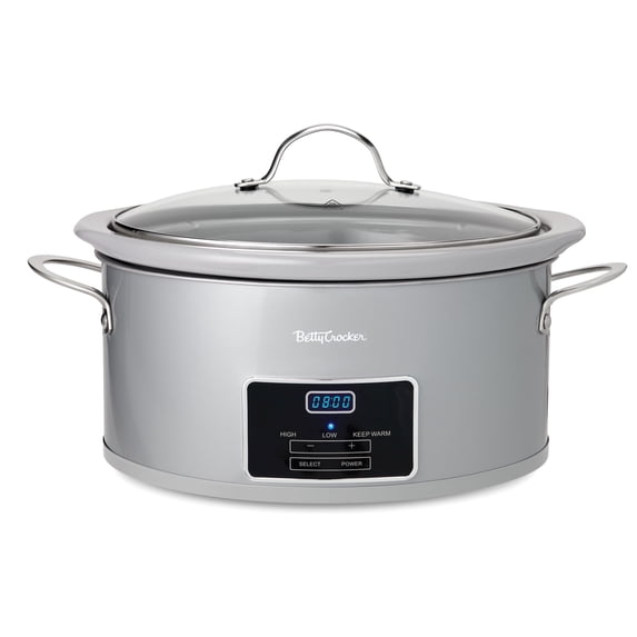 Betty Crocker 6-Quart Oval Digital Slow Cooker, Programmable Crock Pot Up to 20 Hours, Electric Cooking Pot with LCD Digital Display, Removable Stoneware Crock Liner, Betty Crocker Cookbook,Silver