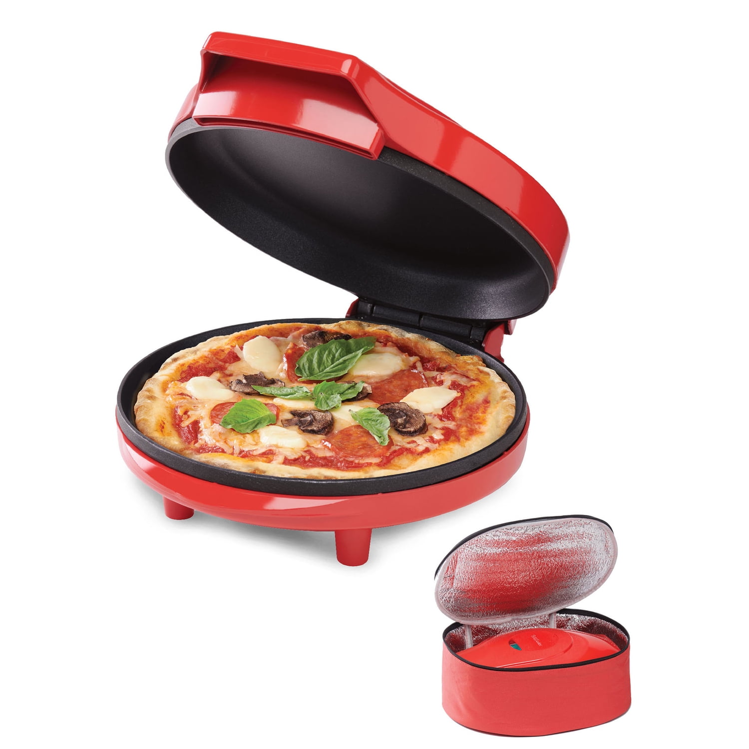 Betty Crocker 8-In. Indoor Electric Travel Nonstick Pizza Maker Plus with Insulated Travel Bag (Red)