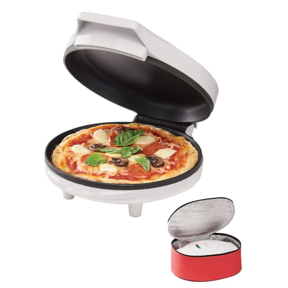 Betty Crocker 8" Travel Pizza Maker Plus, Indoor Electric Grill With Insulated Travel Bag, Nonstick Pan for Pizzas, Quesadillas, Nachos and more, Pizza Machine for Delicious Meals and Snacks - White