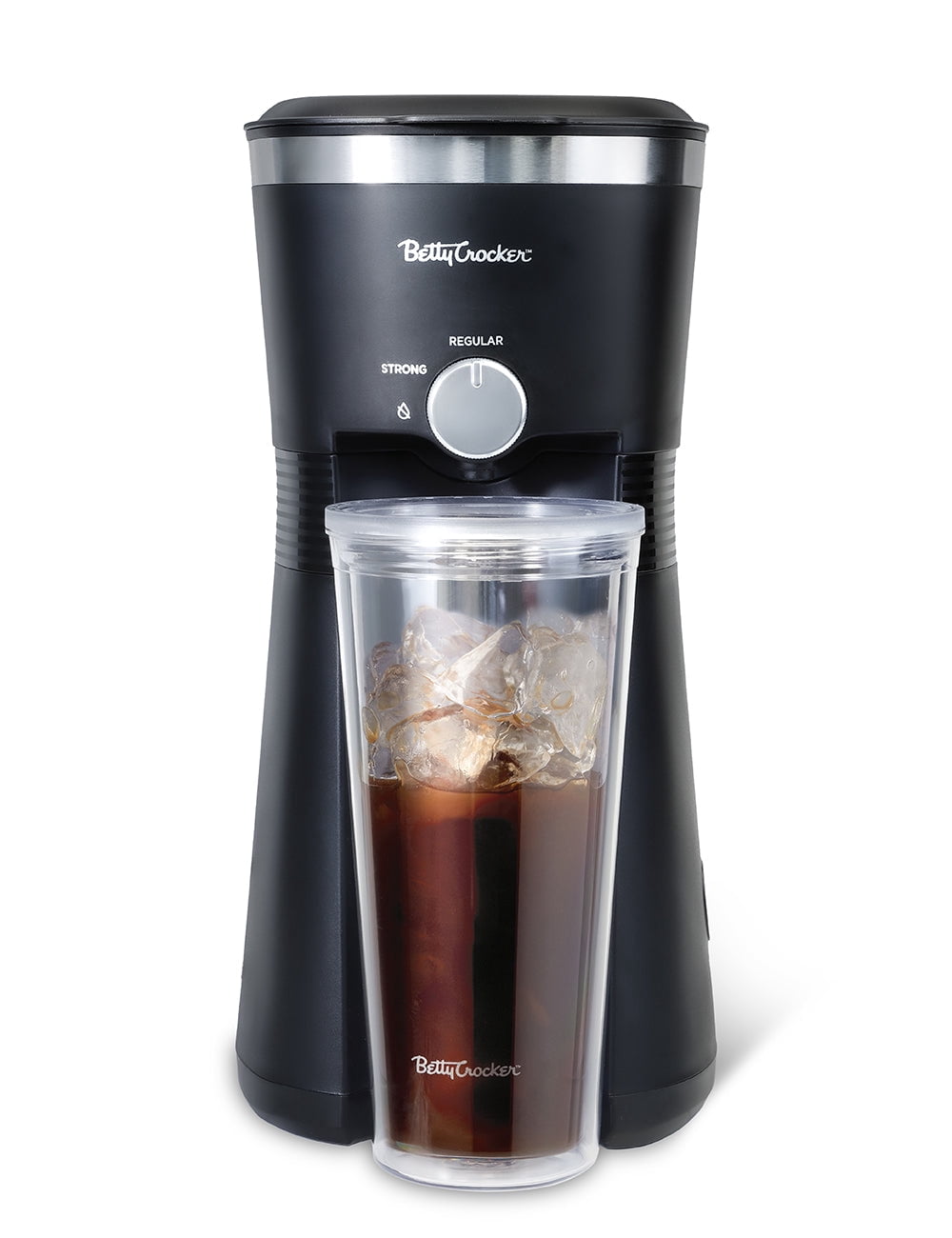 Betty Crocker Coffee Maker for Iced & Hot Brew, Brews in 4 Minutes, Compact Iced Coffee Machine with Chrome Accents, Reusable Filter, BPA-Free 20-Oz Tumbler & Straw, BC-4869B, Black