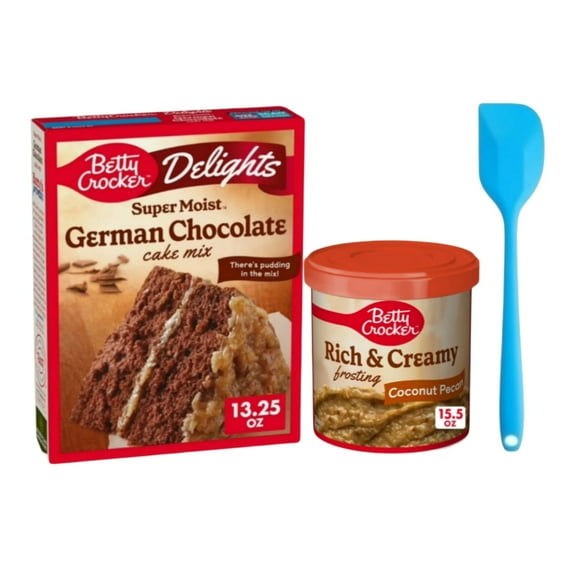 Betty Crocker Delights Super Moist German Chocolate Cake Mix, 13.25 oz, Gluten Free Rich & Creamy Coconut Pecan Frosting, 15.5 oz and 8in Silicone Spatula (Color Varies)