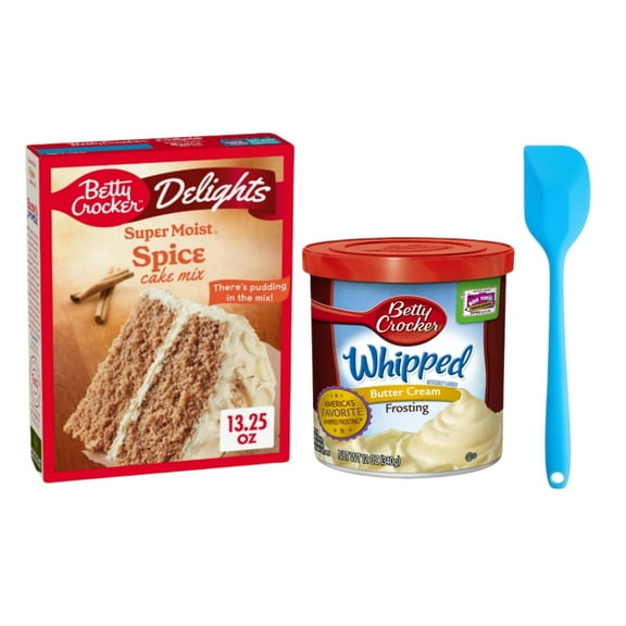 Betty Crocker Delights Super Moist Spice Cake Mix 13.25 oz, Gluten Free Whipped Butter Cream Frosting 12 oz and 8in Silicone Spatula (Color Varies)