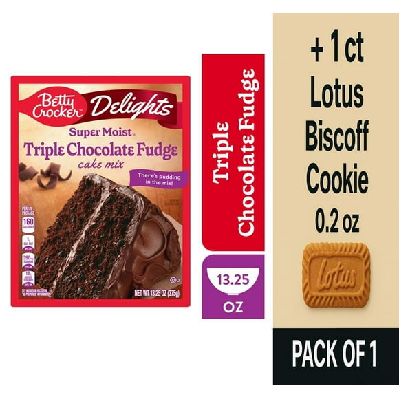 Betty Crocker Delights Super Moist Triple Chocolate Fudge Cake Mix 13.25 oz - Pack of 1 & Lotus Biscoff Cookie - 0.2 Oz - 1 ct