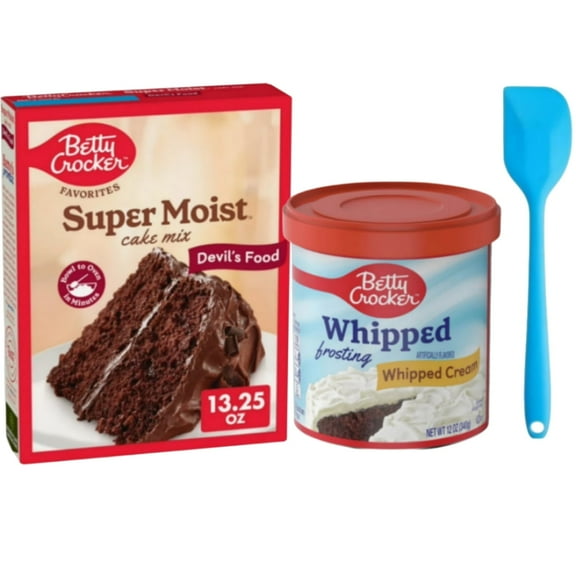 Betty Crocker Favorite Super Moist Devil's Food Cake Mix 13.25 oz and Gluten-Free Whipped Frosting, Whipped Cream, 12 oz with Spatula