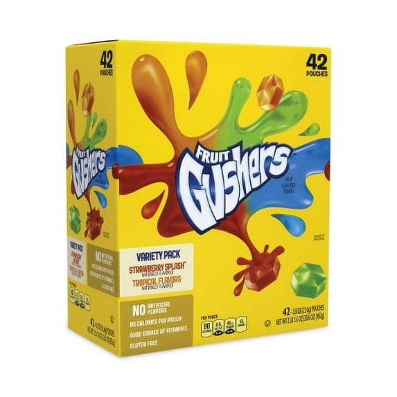 New Betty Crocker Fruit Gushers Fruit Snacks, Strawberry and Tropical Fruit Flavors, 0.8 oz, 42 Pouches/Carton, Ships in 1-3 Business Days