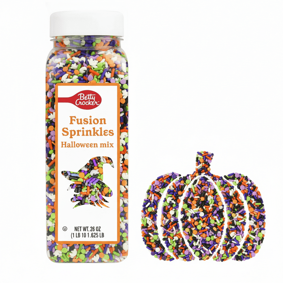 Betty Crocker Fusion Sprinkles Halloween Mix, Spooky Black, Orange, Green & Purple Sprinkles for Decorating Treats, Cookies & Cakes, 26 oz Bottle