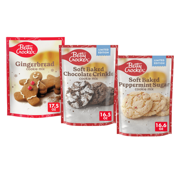 Betty Crocker Holiday Cookie Variety Pack - Chocolate Crinkle, Peppermint Sugar, & Gingerbread