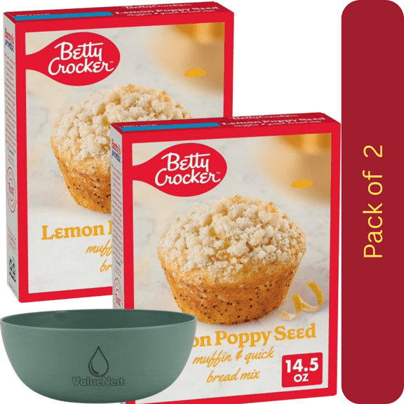 Betty Crocker Lemon Poppy Seed Muffin & Quick Bread Mix 14.5 oz, 2 Pack with Bowl by Value Nest
