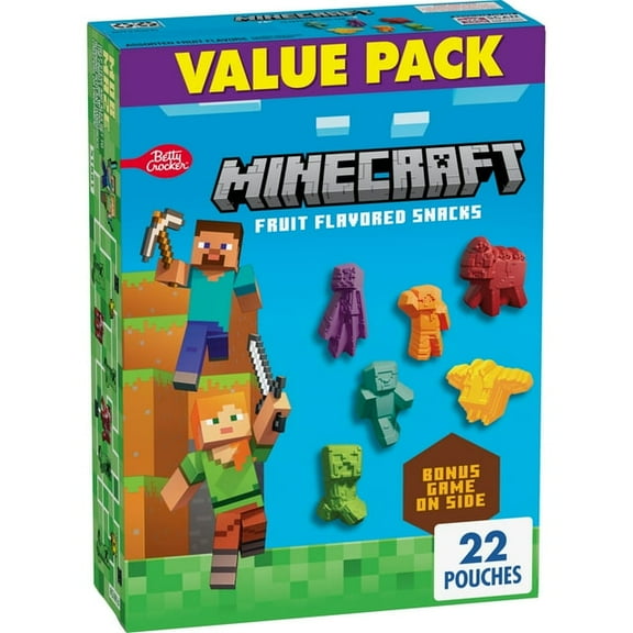 Betty Crocker Minecraft Fruit Flavored Kids Snacks, Fat Free and Gluten Free Snack, Value Pack, 17.6 oz (22 Pouches)