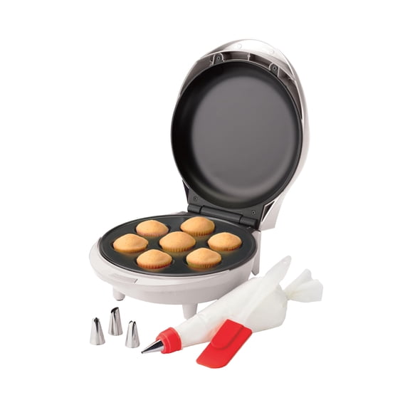 Betty Crocker Mini Cupcake Factory, with Nonstick Surface, Mini Cupcake Machine with Cool Touch Handle & Makes 7 Delicious Cupcakes in Minutes, Pink/White Y101