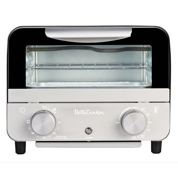 Betty Crocker 7-L Mini Toaster Oven/Compact Countertop Oven, 750 Watts, with Timer, Baking Tray, and Rack, BC-5629 , Gray