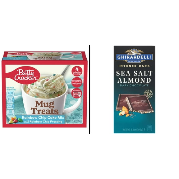Betty Crocker Mug Treats Rainbow Chip Cake 4 ct & Ghirardelli Intense Dark Sea Salt Almond Chocolate 3.5 oz
