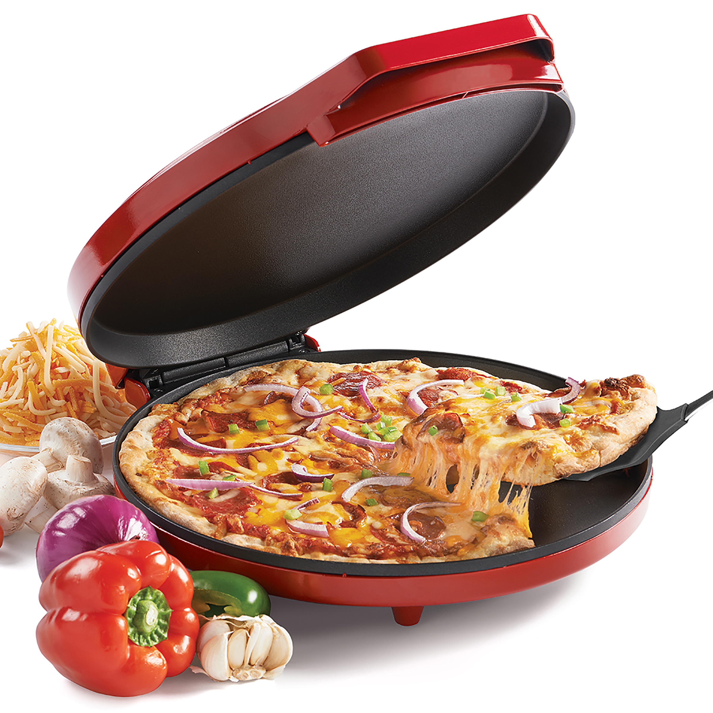 Betty Crocker Pizza Maker Plus, 12" Indoor Electric Grill, Nonstick Griddle Pan for Pizzas, Quesadillas, Tortillas, Nachos and more, 12" Electric Griddle for Delicious Meals and Snacks, Red - image 1 of 5