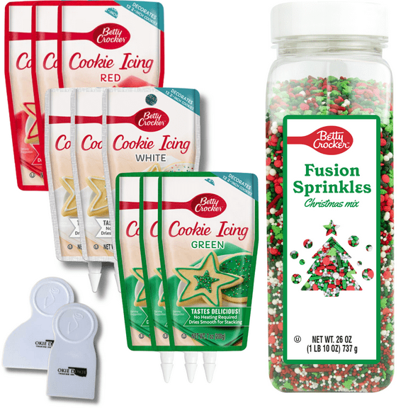 Betty Crocker Seasonal Cookie Decorating Icing Bundle with icing, sprinkles, and decor plus bonus icing smoother and scraper (Holiday/Christmas 12 Piece Bundle With 26 oz Fusion)