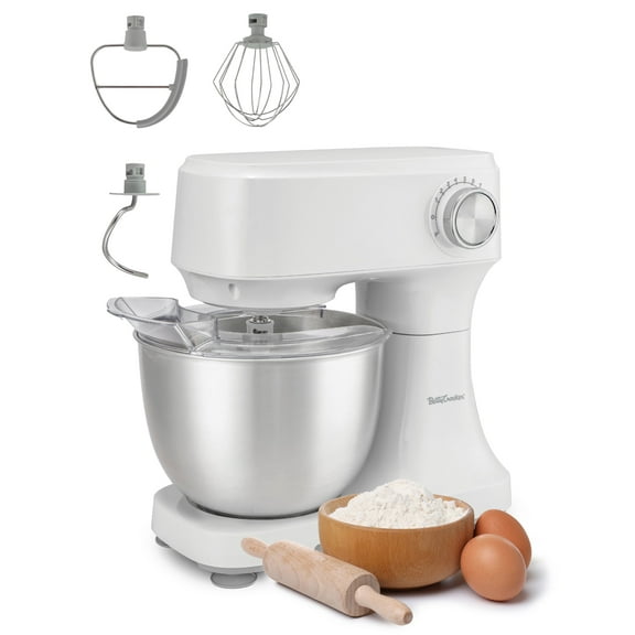 Betty Crocker Stand Mixer, 3.7-Qt Electric Mixer with 10 Speeds, Kitchen Mixer with Dough Hook, Whipping Whisk & Flat Beater with Scraper, Kitchen Appliances with Anti-Splash Cover & Stainless Steel M