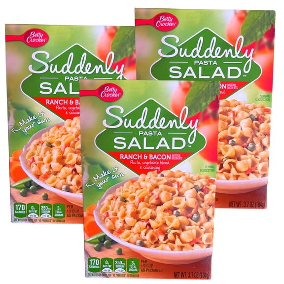 Betty Crocker Suddenly Pasta Salad Mix, Ranch & Bacon Flavor, 3.7oz Shell Pasta Dish Vegetable Blend Seasoning Easy Prepare Meal Snack Main Side Dish Instant Lunch Thanksgiving Dinner Gift Pack of 3