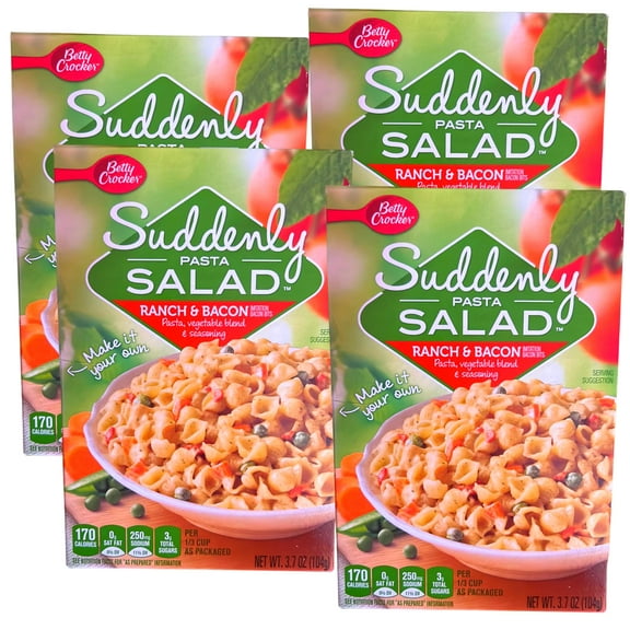 Betty Crocker Suddenly Pasta Salad Mix, Ranch & Bacon Flavor, 3.7oz Shell Pasta Dish Vegetable Blend Seasoning Easy Prepare Meal Snack Main Side Dish Instant Lunch Thanksgiving Dinner Gift Pack of 4