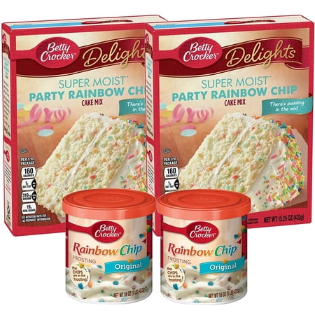 Betty Crocker Super Moist Party Rainbow Chip Cake Mix and Betty Crocker Rainbow Chip Frosting Bundle - 2 of Each - 4 Items "There's Pudding in the Mix"