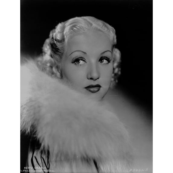 Betty Grable Portrait Looking to the Right in Fur Pelt Boa on the Shoulder and White Cotton Long Sleeve Shirt with Marcel Waves Hair Photo Print (8 x 10)