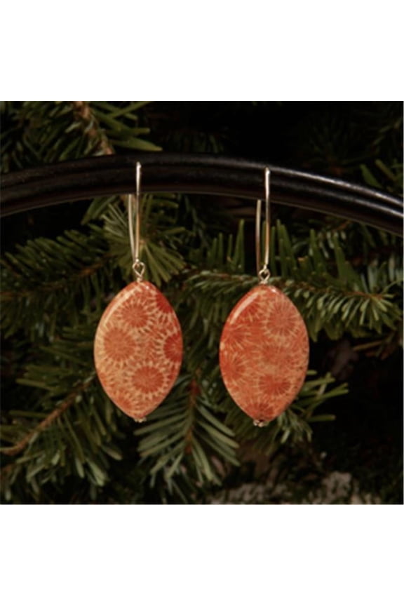 Euro Lever Back 33 x 20mm Flat Marquis Petoskey Fossil Earrings - Light Blue