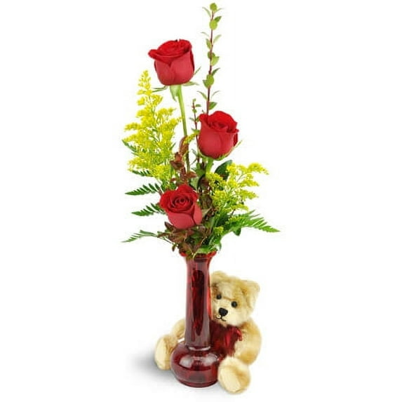 Betty's Flower Shop Rose Trio with Plush Bear