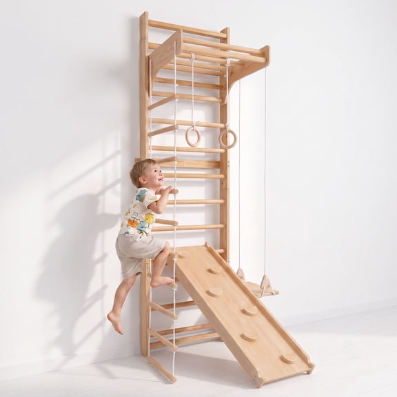 Avenlur Betula Swedish Wall Ladder for Kids Indoor Wooden Climbing Gym with Slide, Swing, Rope Ladder & Pull-Up Bar Montessori Wall Gym for Strength, Coordination & Active Play (Ages 3+) (95")