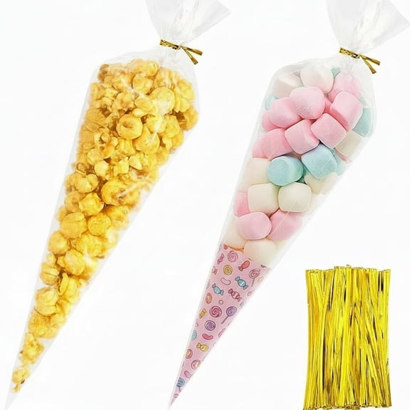 Betus 100PCS Cone Shaped Treat Bags 7x15 Inch Clear Treat Bags with 100 Gold Twist Ties, Ideal for Candy, Popcorn, Cookies, Party Favors, Weddings, Holidays, Gift Wrapping OPP Material