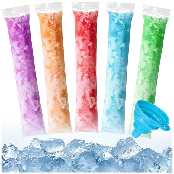 Betus Ice Pop Bags 100 Pack with Funnel, 1.8 x 8.7 Inch Disposable Popsicle Bags, Leak Proof Freeze Pop Bags for Juice, Smoothies, Soda, Yogurt and DIY Homemade Ice Pops