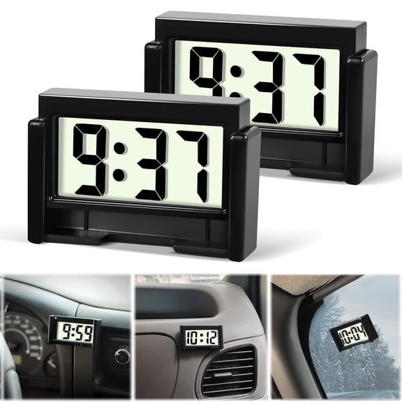 Betus Mini Car Dashboard Digital Clock - Vehicle Adhesive Clock - Mini Automotive Stick On Watch (Black, Pack of 2)