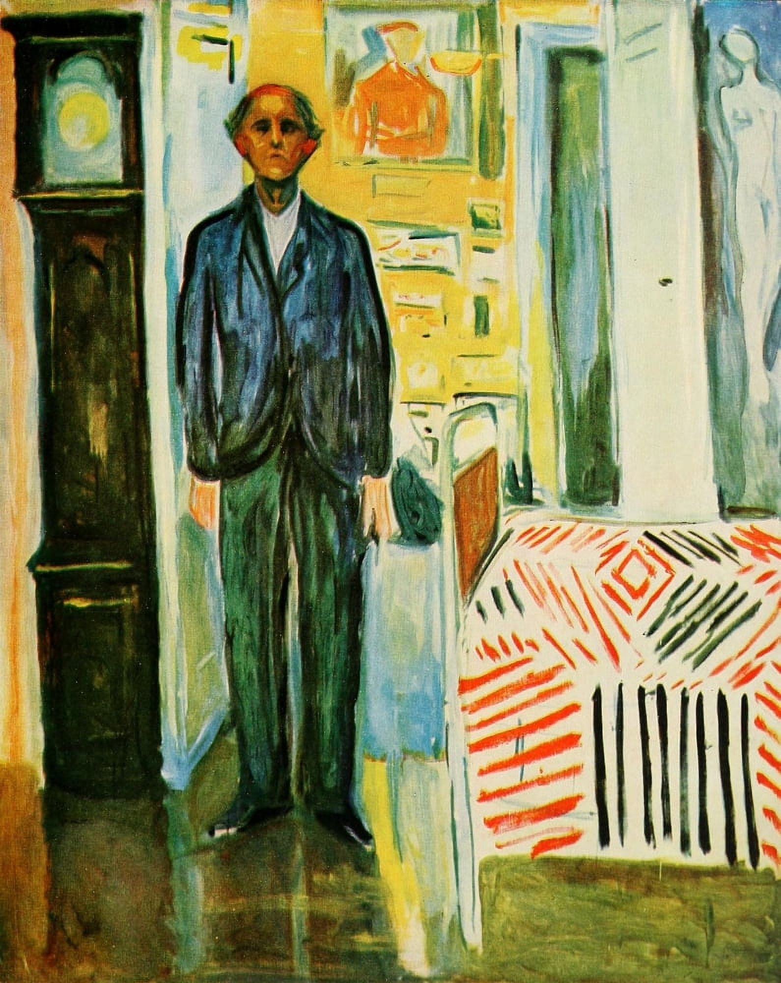 Between clock and bed self portrait 1940-42 Canvas Art - Edvard Munch (18 x 24)