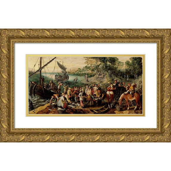 Beuckelaer, Joachim 18x11 Gold Ornate Wood Framed with Double Matting Museum Art Print Titled - The Miraculous Draught of Fishes