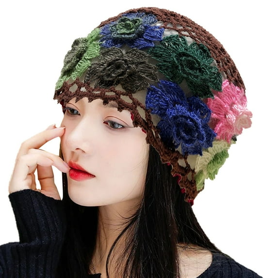 Beugl Bomber Hats Clearance, Vintage Handmade Embroideried Cotton Crochet Knit Hollow Out Floral Knit Hat Silk Bonnet Winter Hats for Women Coffee One Size