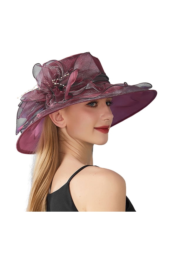 Fascinators Hats for Women, Women's Solid Color Big Flower Shade English Lady Elegant Temperament Sun Hat Sun Hats for Women, Kentucky Derby Hats for Women Wine One Size