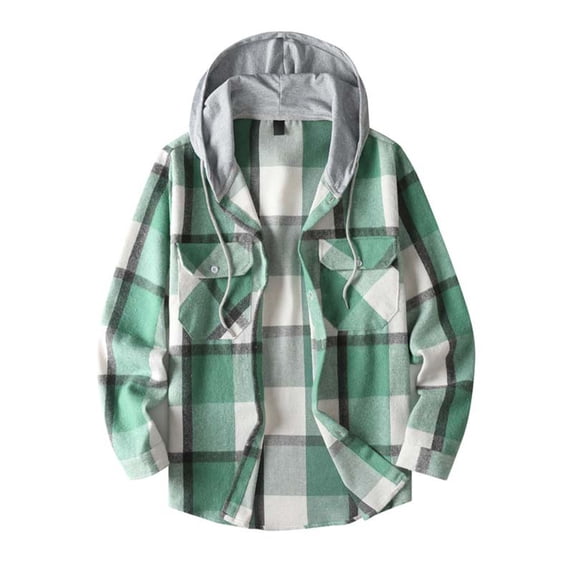 Beugl Flannel Shirt for Men, Men's Autumn and Winter Casual Long Sleeve Hooded Plaid Shirt Striped Flannel Shirt Men, Tshirts Shirts for Men Green XXL